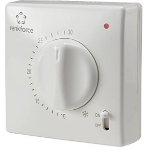Analogni nadometni sobni termostat v beli bartvi, velik gumb za nastavitev temperature