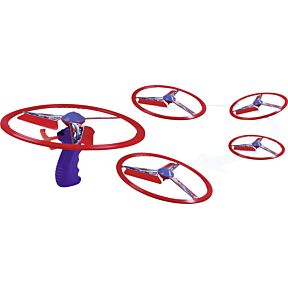 Prostoleteča igrača v ročaju je mahanizem na poteg s katerim aktiviramo igračo, da poleti v zrak, modro rdeča kombinacija