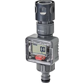 Digitalni merilnik pretoka vode, s priklopom na pipo, v črni barvi in LCD prikazovalnikom