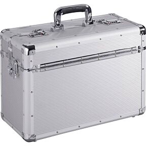Aluminijasti kovček za orodje z ojačanimi robovi in ročajem za prenašanje, srebrne barve, zaklepanje s kodo