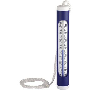 Analogni termometer za bazene in ribnike v modro beli barvi, opremljen z vrvico