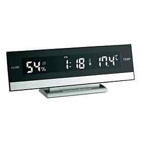 Digitalna namizna ura s podstavkom v srebrni barvi, pravokotne oblike in prikazom časa, temperature in vlažnosti